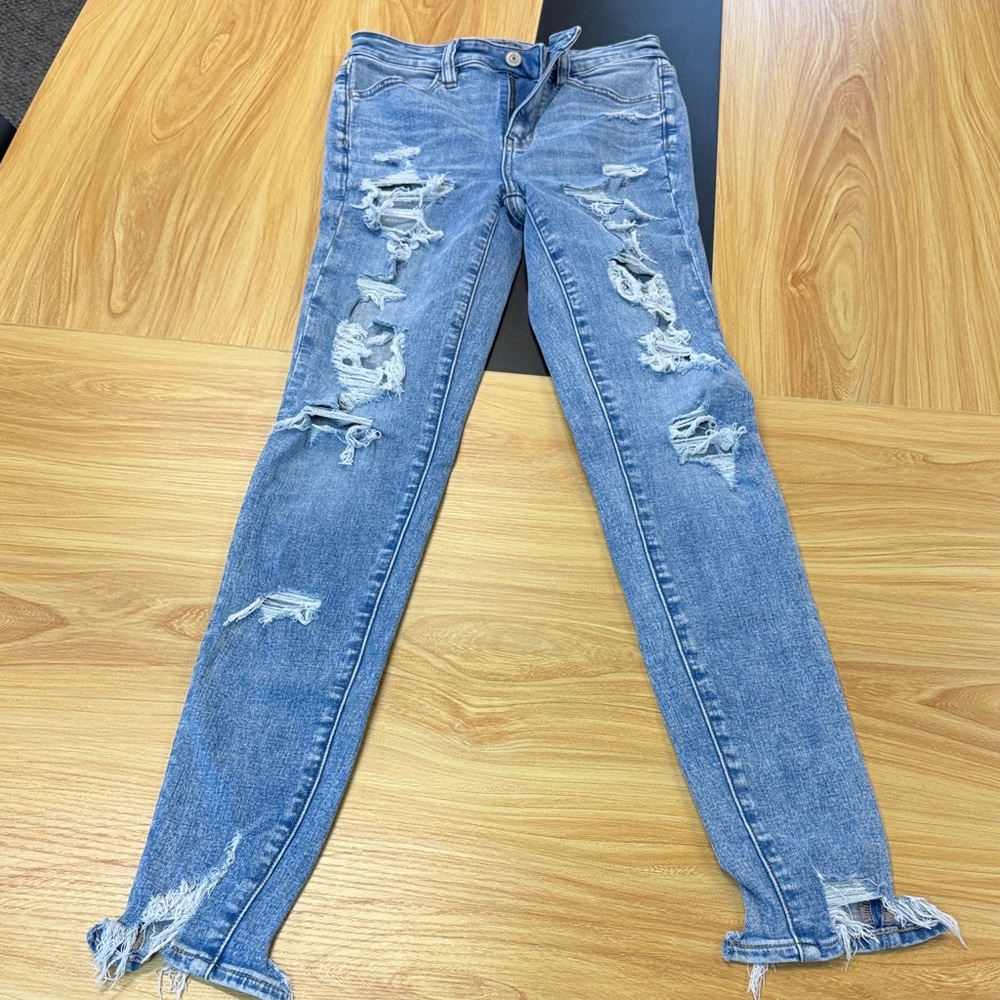 American Eagle Outfitters Ripped Blue Skinny Jeans Jegging 4 x-long